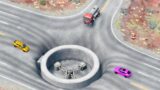 Cars vs Dangerous Crossroads – Spinner of Death in Giant Pit – Beamng.Drive