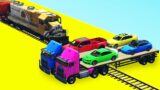 Flatbed Trailer Transport Sport Car Rescue – Cars vs Rails – Offroad Cars vs Truck GTA 5