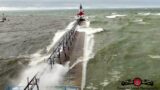 Monster Waves & High Winds At St. Joseph Michigan Lighthouse 4K Drone Footage In Gale Force Winds