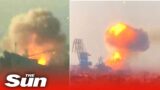 ‘Russian ship packed with ammo is BLOWN UP’ in Ukrainian port as Putin’s navy flee