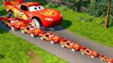 Big and Small Monster Truck Lightning McQueen with Saw wheels vs DOWN of DEATH in BeamNG drive