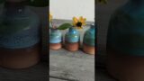 Set 3 mini ceramic vases terracotta and blue