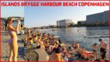 Tourists Attraction Islands Brygge Harbour Beach Copenhagen Denmark |  Summer Walk on Crowded Beach