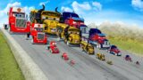 Big & Small Mack Truck Optimus Prime Miss Fritter with Saw Wheels vs DOWN OF DEATH in BeamNG.Drive