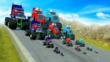 Big & Small Monster Truck Optimus Prime Big & Small Mack Truck Dinoco Truck vs DOWN OF DEATH