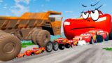 Big & Small Tow Mater King Dinoco Lightning Mcqueen with SAW wheels vs ROAD OF DEATH in BeamNG.Drive