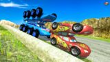 Monster King Dinoco vs Monster lightning mcqueen vs DOWN OF DEATH BeamNG Drive