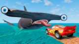 Big & Small Angry Shark vs Big & Small Monster Truck Lightning Mcqueen vs ROAD OF DEATH in BeamNG
