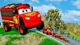 Big & Small Bus Lightning McQueen vs Bumblebee Transformer vs DOWN OF DEATH BeamNG.Drive