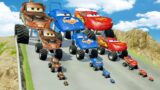 Big & Small Tow Mater with Monster Truck Wheels vs Big & Small Lightning Mcqueen vs DOWN OF DEATH