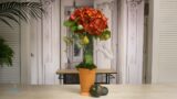 Hydrangea and Pear topiary into a terracotta pot | Floristry Design Tutorial