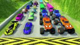 Big Cars & Monster Trucks vs Massive Speed Bumps vs DOWN OF DEATH in Thorny Road | HT Gameplay Crash