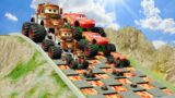 Big & Small Monster Truck Tow Mater vs Big & Small Monster Truck Mcqueen vs LAVA OF DEATH in BeamNG
