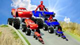Big & Small Spider-Man Monster Truck Driver vs Big & Small Monster Truck Mcqueen DOWN OF DEATH