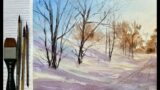Simple Woodland SNOW SHADOWS Watercolor Landscape, Christmas card watercolour painting tutorial demo