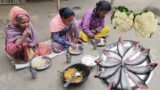 VERY POOR GRANDMOTHER eating PABDA fish recipe with CAULIFLOWER in tribe village