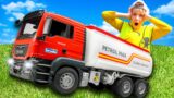 Bruder Fuel Truck Rides Concrete Truck and Excavator to the rescue Cartoon about cars