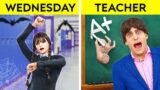 WEDNESDAY ADAMS VS TEACHER! We Adopted Wednesday || Crazy ENID's Room Makeover by 123GO! CHALLENGE