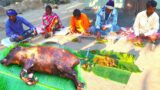 how tribe village family cutting & cooking full pig meat in their traditional festival and enjoying