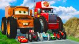 Big & Small Tow Mater with Big Wheels vs Mack Truck and Small Pixar Cars in BEAMNG DRIVE