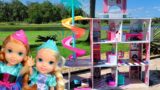 Playhouse ! Elsa & Anna toddlers  visit Jasmine – LOL doll house of surprises – slide – pool