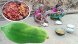 tribe traditional cooking CHICKEN CURRY with PAPAYA prepared by Grandmothers||rural life India..