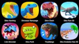 Dino Hunting, Dinosaur Rampage, Dino Clash, Dino Run 3D, I Am Monster, Dino Park, Tiny Merge