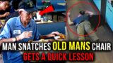 Guy Pulls Away Old Man's Chair, While He Is Having Lunch…