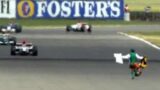 The Grand Prix Priest runs backwards almost along the F1 cars racing line