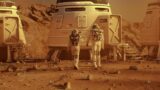 Two astronauts in spacesuits walk toward base on Mars