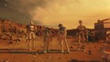 Two astronauts stand on Mars surface with robots