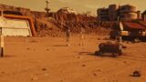 Two astronauts walk on Mars surface near scientific base
