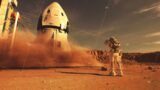 Two astronauts watch spacecraft landing on Mars surface