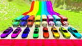 Colors Cars & Monster Trucks vs Massive Speed Bumps vs DOWN OF DEATH Thorny Road | HT Gameplay Crash