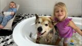 Adorable Baby Girl Gives Her Scared Dog A Bath! (Cutest Ever!!)