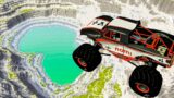 Monster truck Leap Of Death jumps and falls into a pit with green slime BeamNG Drive