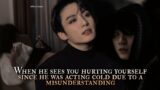 When he sees you hurting yourself since he was acting cold due to a misunderstanding – Jungkook 2/3
