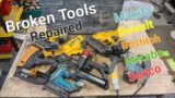 A load of broken power tools in for repair, dewalts, metabo, makita, senco, and bostitch.