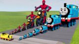 Big & Small Spider-Man on Motorcycle vs Thomas the Tank Engine vs SpongeBob the Train | BeamNG.Drive