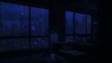 Heavy rainstorm and thunder – Rain on window at night city view – City rain ambience