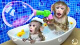 KiKi Monkey tries Bubble Challenge in bathtub and play with Four Color Ice Cream | KUDO ANIMAL KIKI