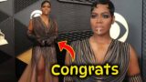 Fantasia Barrino grabs attention with sparkling diamond lip piece and sheer black dress at Grammys