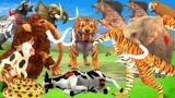 10 Zombie Tigers vs 10 Hyenas vs Titanoboa Snake Attack Cow Cartoon Saved by Woolly Mammoth Elephant
