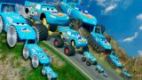 TRANSPORTING PIXAR CARS & FRUITS WITH COLORED & JOHN DEERE vs CLAAS vs TRACTORS – BeamNG.drive