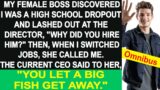 My female boss got mad at me, a highschool dropout. I switched the jobs. My current CEO said to her.
