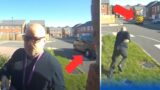 Hilarious moment bailiff sprints after his van as it rolls down a hill during debt collection
